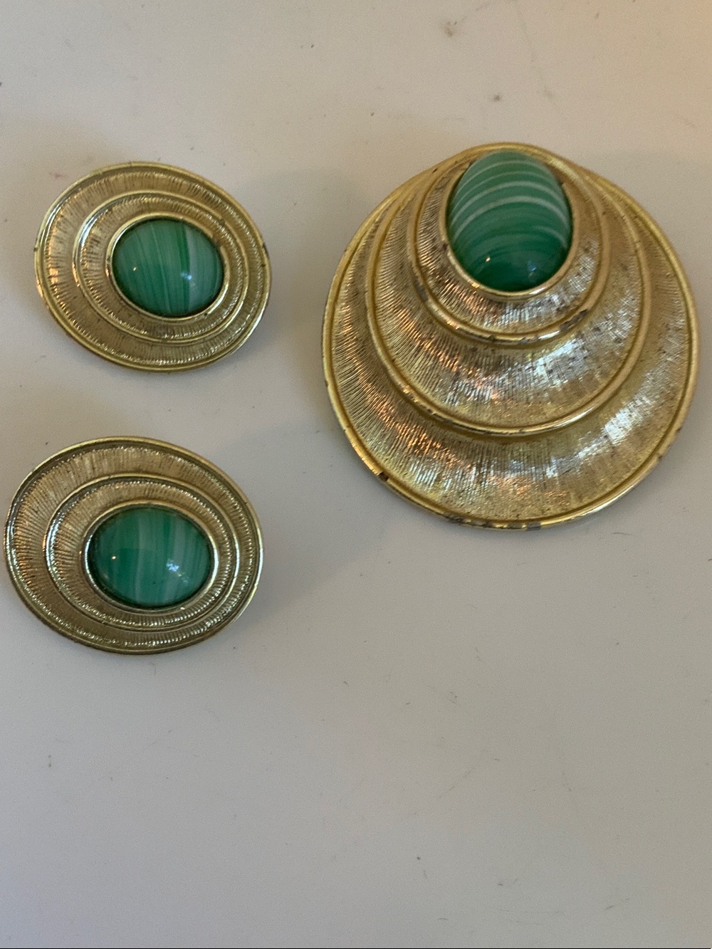 Sarah Coventry Gold-Tone Brooch and Clip Earrings with Green Cabochons